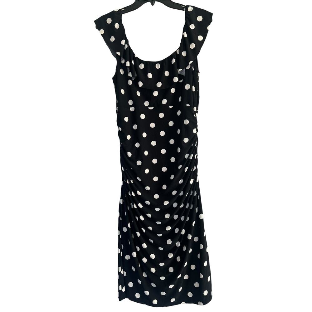 American Living Black White Polka Dot Midi Dress Size 14 Ruffle Ruched Retro